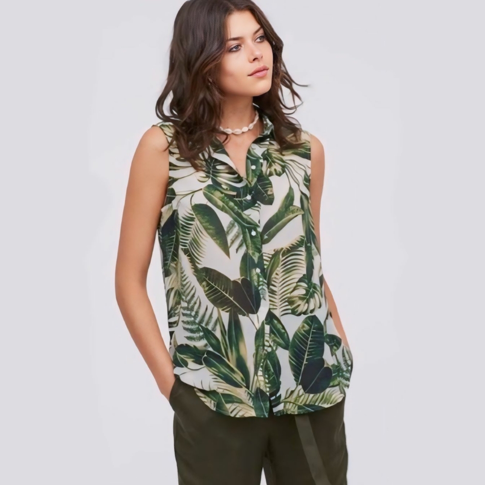 ● H&M | Sleeveless semi sheer Palm Leaf Botton Up